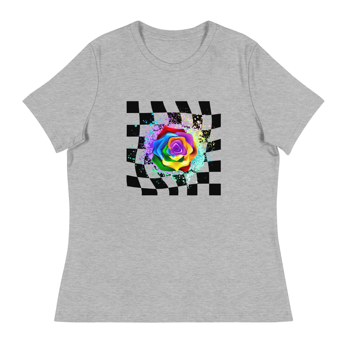 Checkered Paint Splatter Rose Women's Relaxed T-Shirt