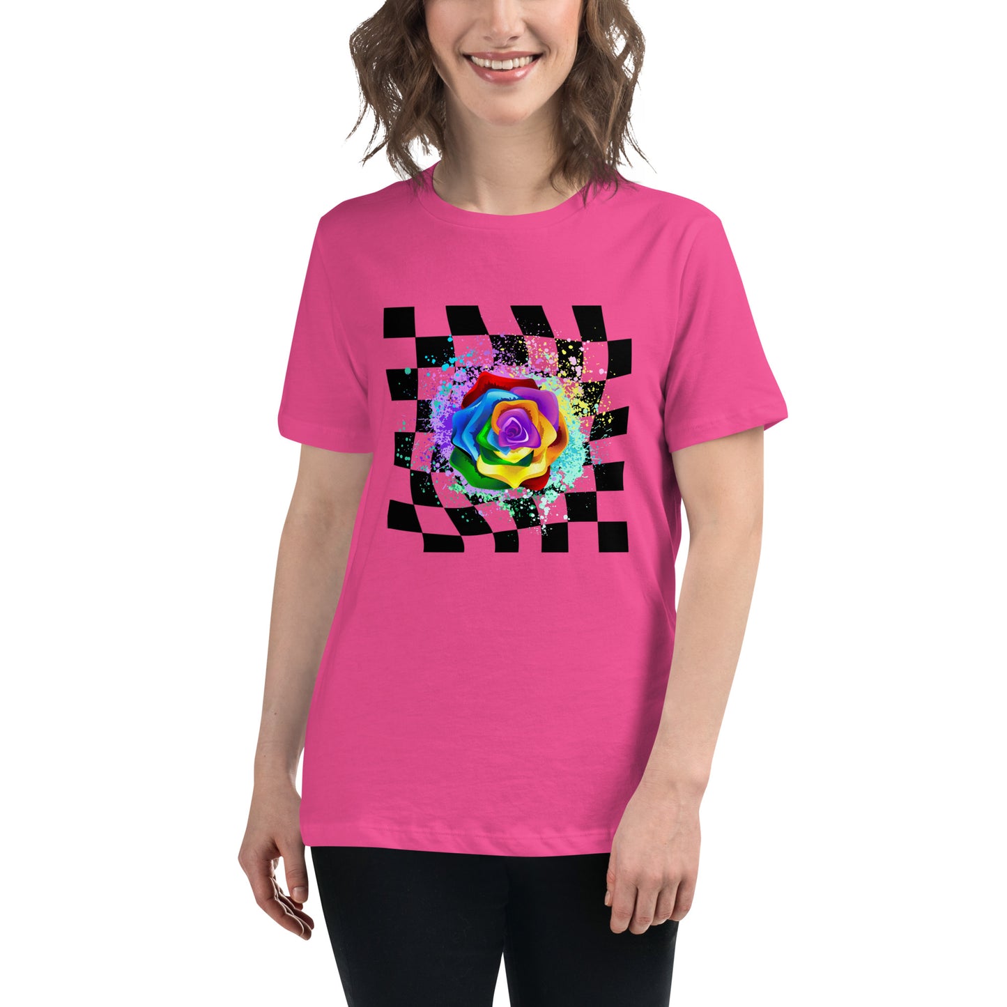 Checkered Paint Splatter Rose Women's Relaxed T-Shirt