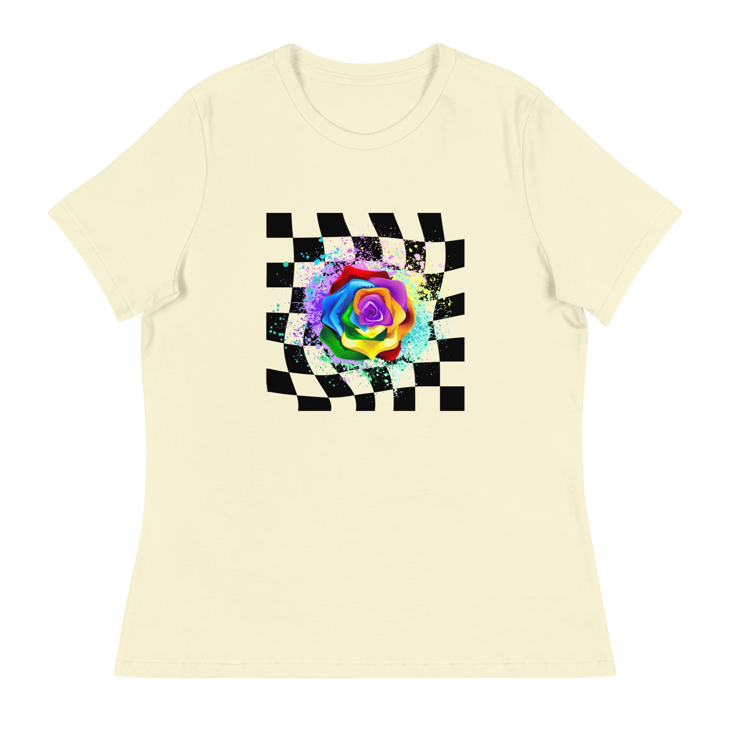 Checkered Paint Splatter Rose Women's Relaxed T-Shirt