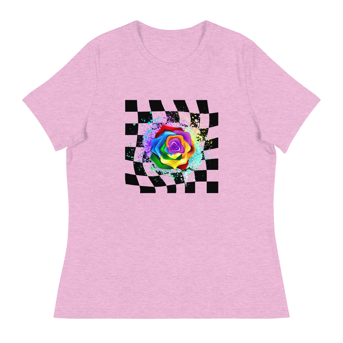 Checkered Paint Splatter Rose Women's Relaxed T-Shirt