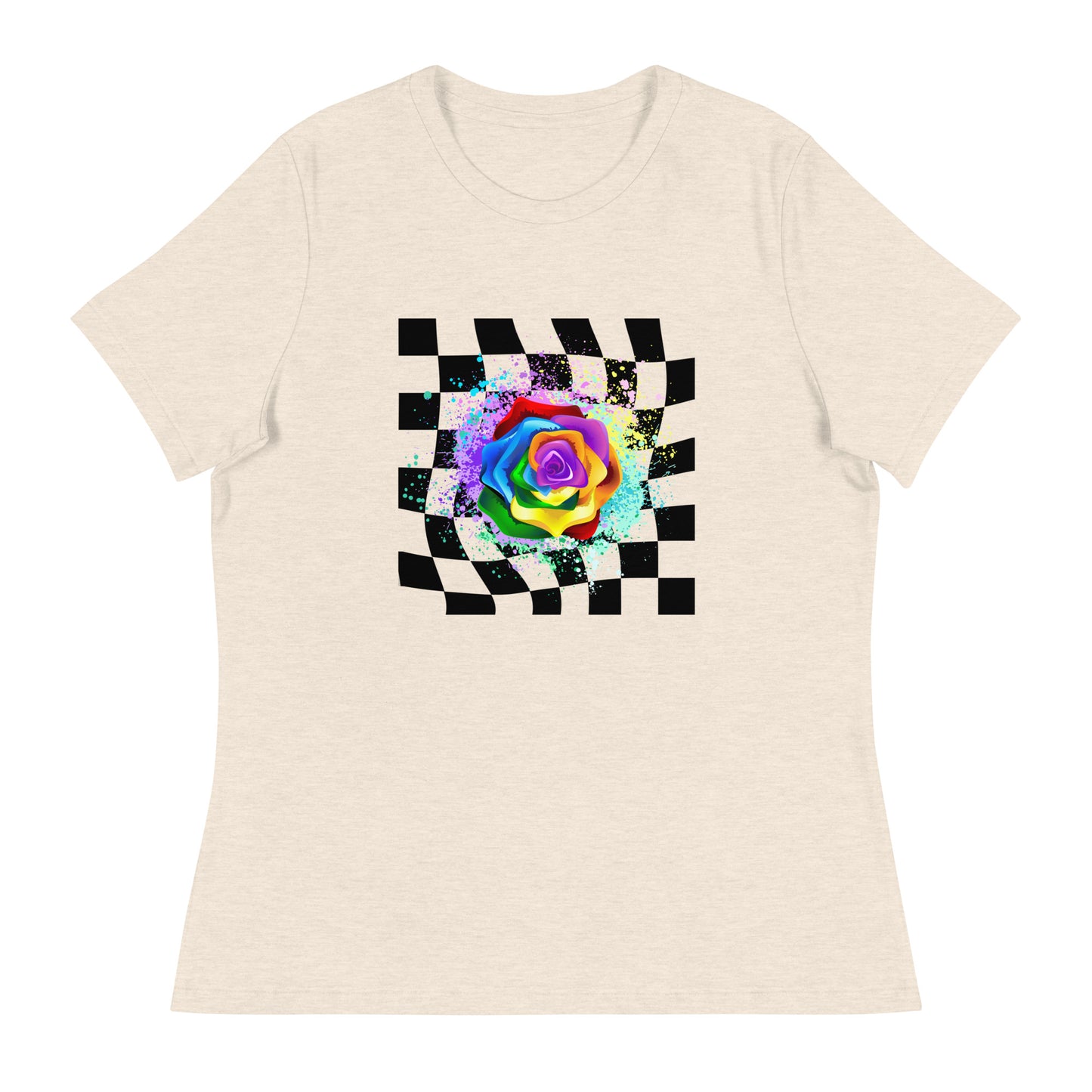 Checkered Paint Splatter Rose Women's Relaxed T-Shirt