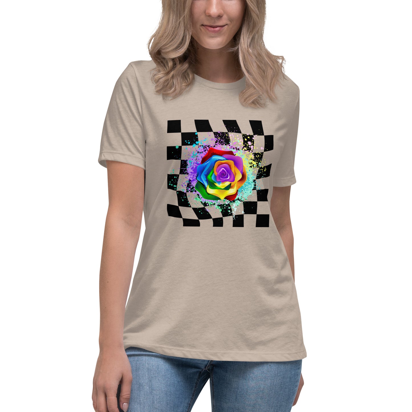 Checkered Paint Splatter Rose Women's Relaxed T-Shirt