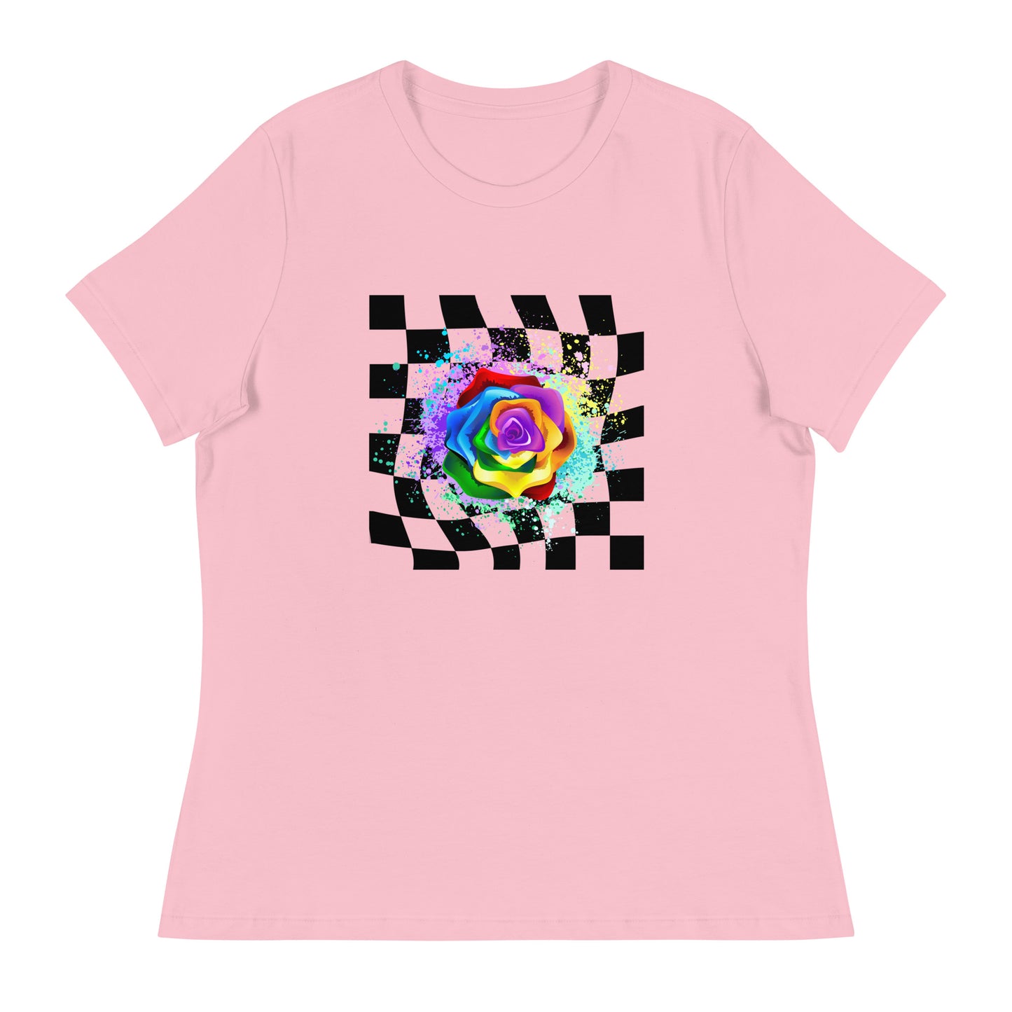 Checkered Paint Splatter Rose Women's Relaxed T-Shirt