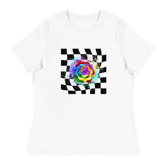 Checkered Paint Splatter Rose Women's Relaxed T-Shirt