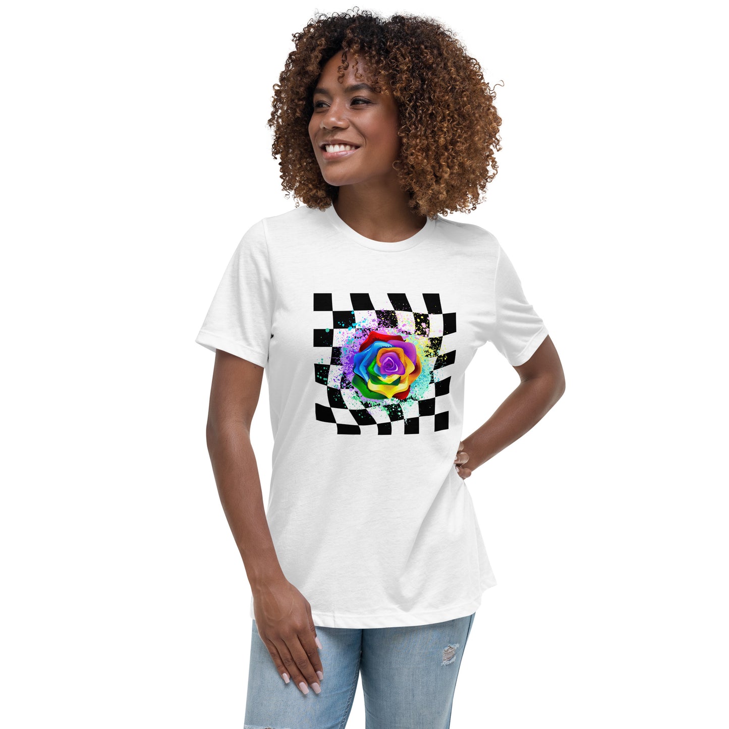 Checkered Paint Splatter Rose Women's Relaxed T-Shirt